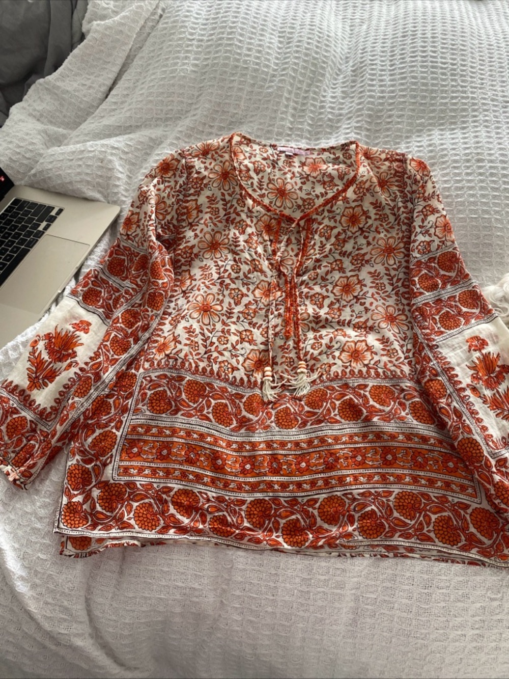 Calypso St Barth Tie-Neck Floral Boho Tunic Top - Orange & White